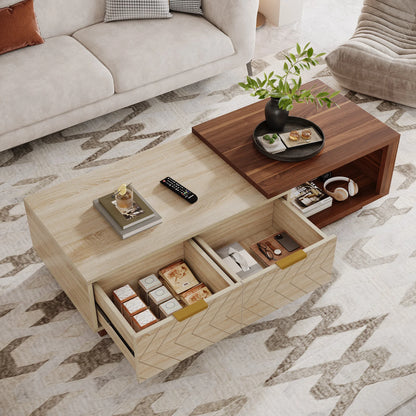 Extendable Coffee Table, 42"-65" Length Adjustable Reversible Wood Coffee Table with 2 Storage Drawers
