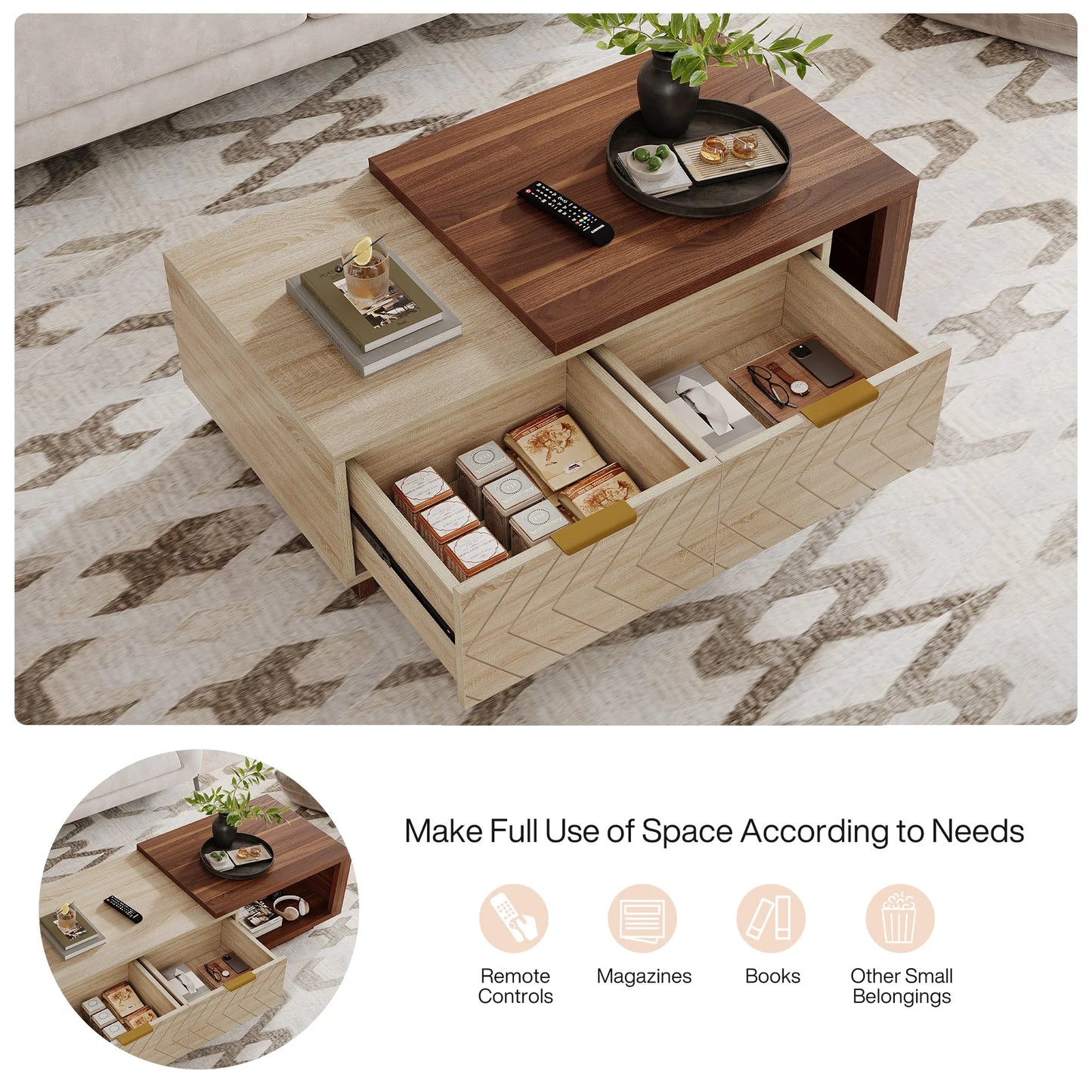 Extendable Coffee Table, 42"-65" Length Adjustable Reversible Wood Coffee Table with 2 Storage Drawers