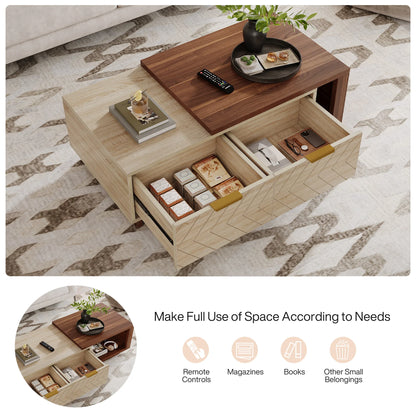 Extendable Coffee Table, 42"-65" Length Adjustable Reversible Wood Coffee Table with 2 Storage Drawers