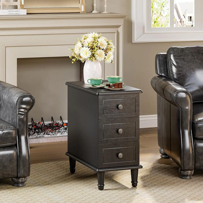 Fully Assembled End Table, Narrow Side Table with 3 Drawers