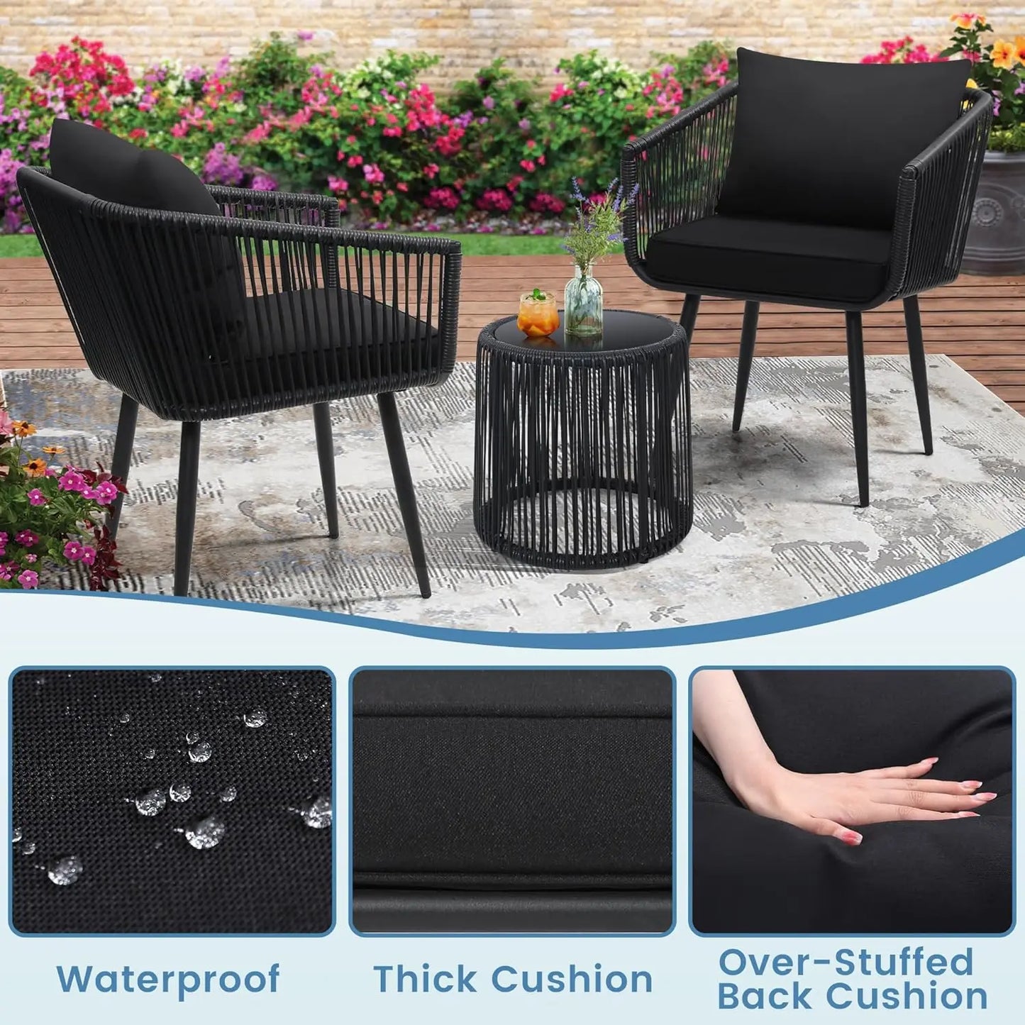 3 Pieces Patio Rattan Bistro Conversation Set