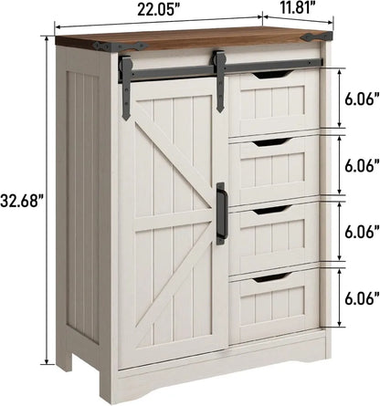 Farmhouse Bathroom Cabinet with Sliding Door & 4 Drawers, White