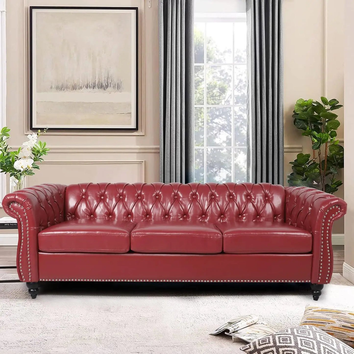 Roll Arm Classic Tufted Chesterfield Settee Velvet Sofa with Channel