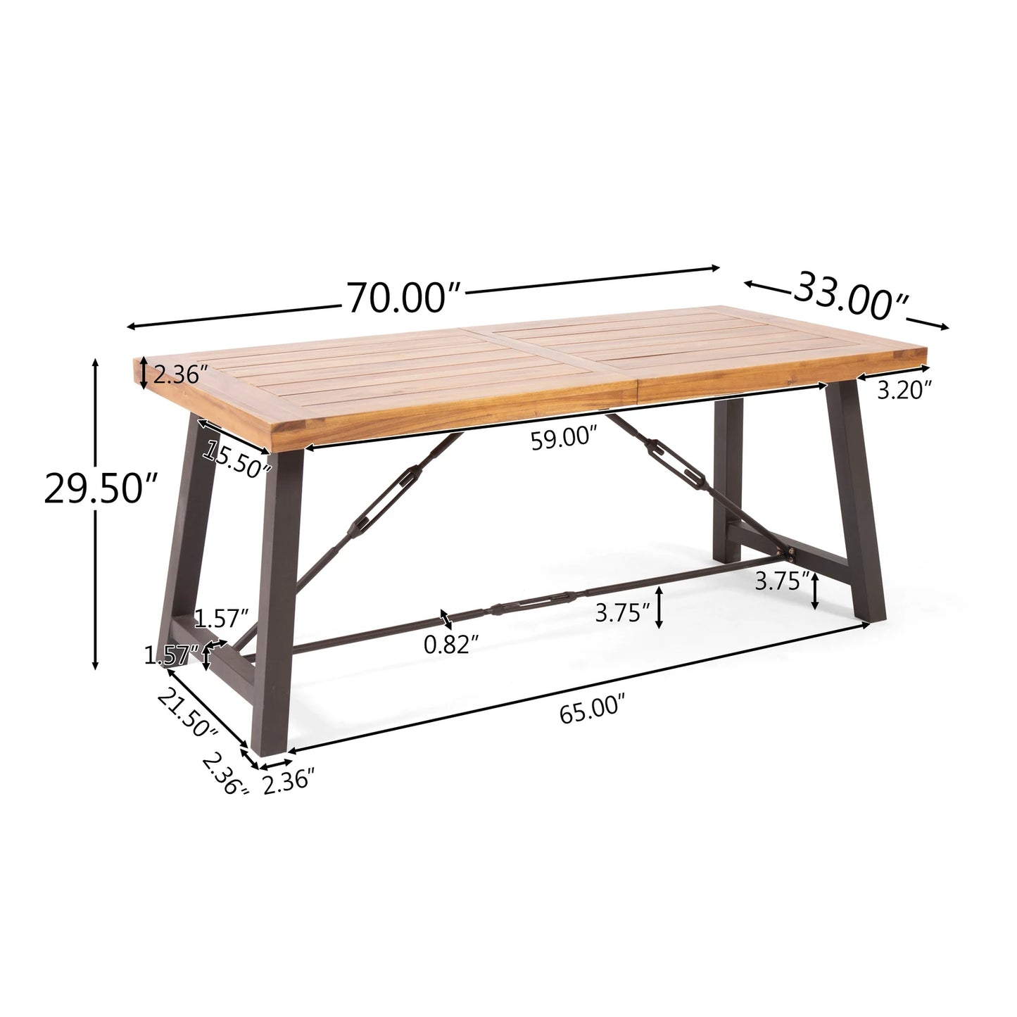 70 in Modern Patio Outdoor Garden Rectangle Acadia Wood Dining Table, Teak