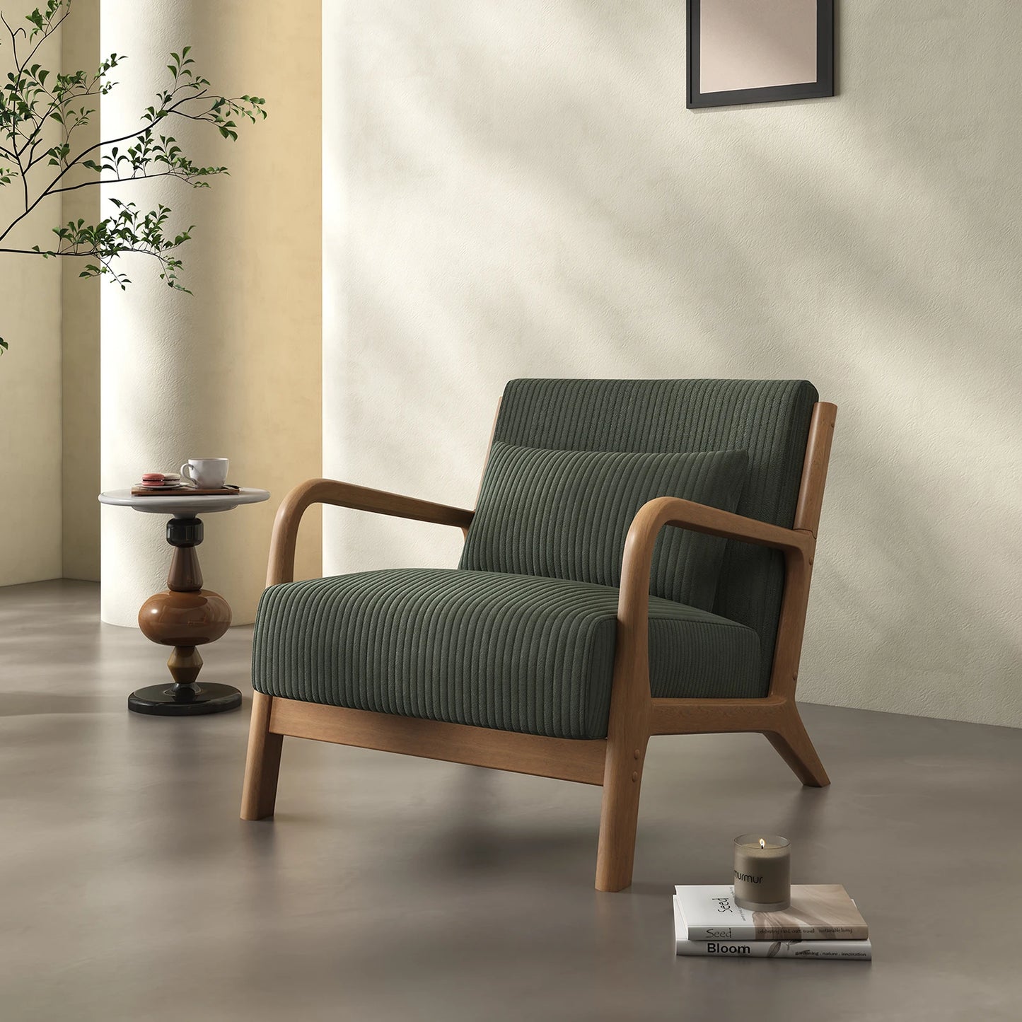 Mid Century Modern Accent Chair, Comfy Fabric Reading Chair with Solid Wood Frame