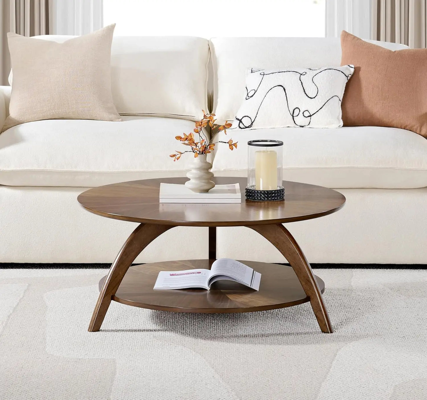 Round Wood Coffee Table with Lower Shelf,Cocktail Table for Living Room or Den. Caramel Brown with Walnut Brown Legs, Customized