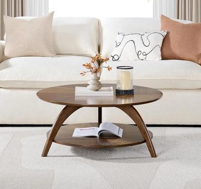 Round Wood Coffee Table with Lower Shelf,Cocktail Table for Living Room or Den. Caramel Brown with Walnut Brown Legs, Customized