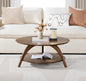 Round Wood Coffee Table with Lower Shelf,Cocktail Table for Living Room or Den. Caramel Brown with Walnut Brown Legs, Customized
