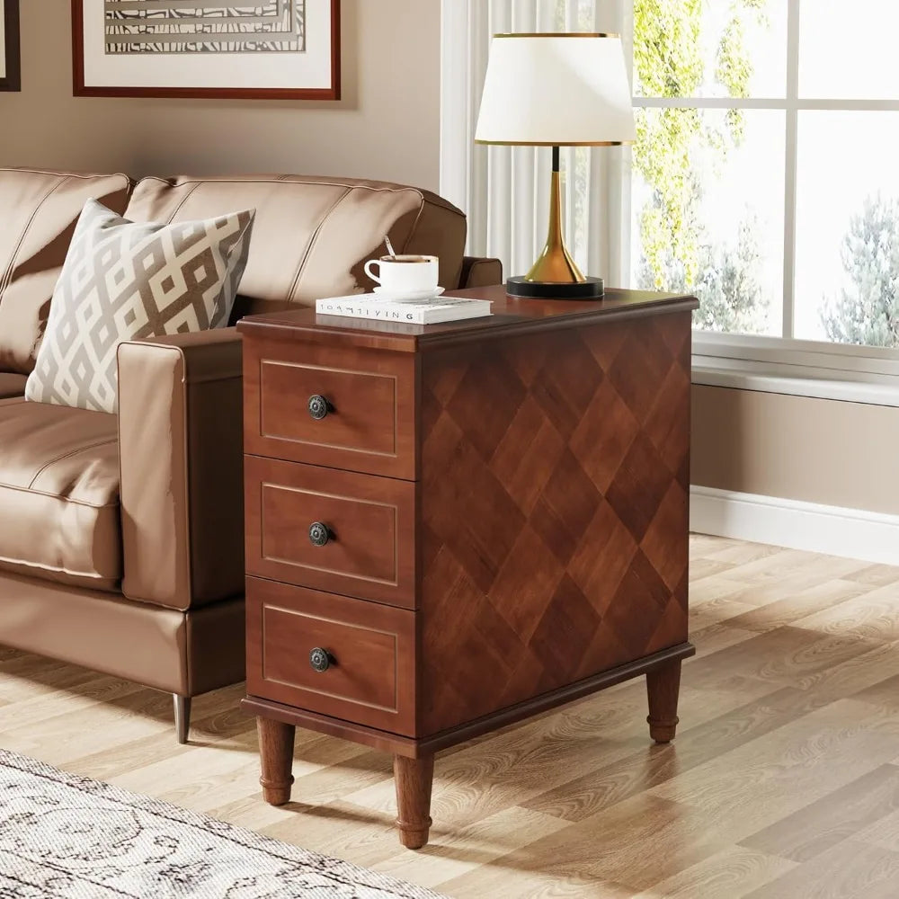 Fully Assembled End Table, Narrow Side Table with 3 Drawers