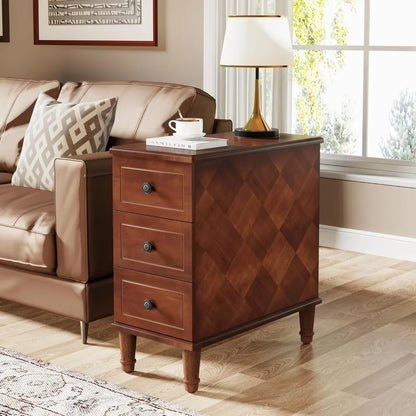 Fully Assembled End Table, Narrow Side Table with 3 Drawers