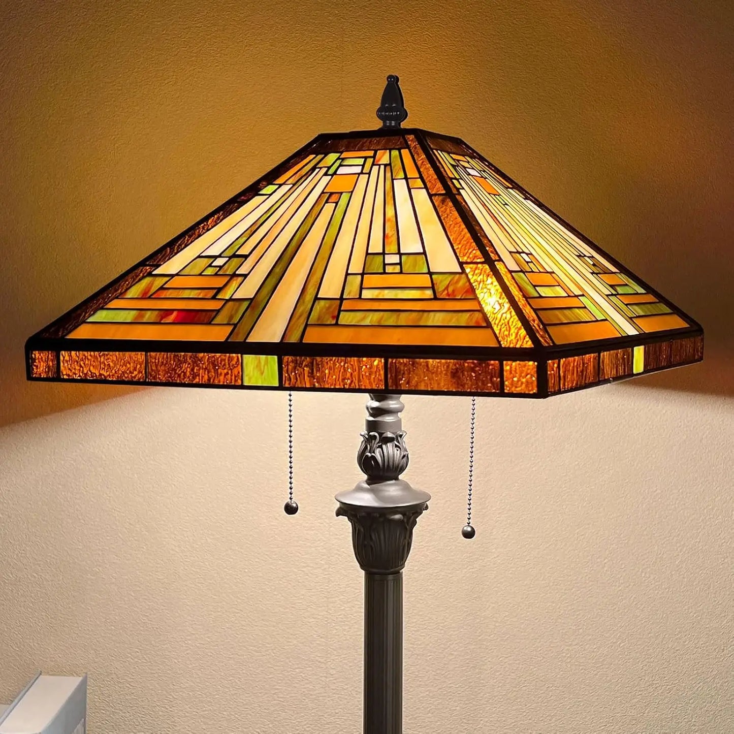 Tiffany Lamp, Stained Glass Floor Lamp 2-Light 16X16X63 Inches Amber Brown