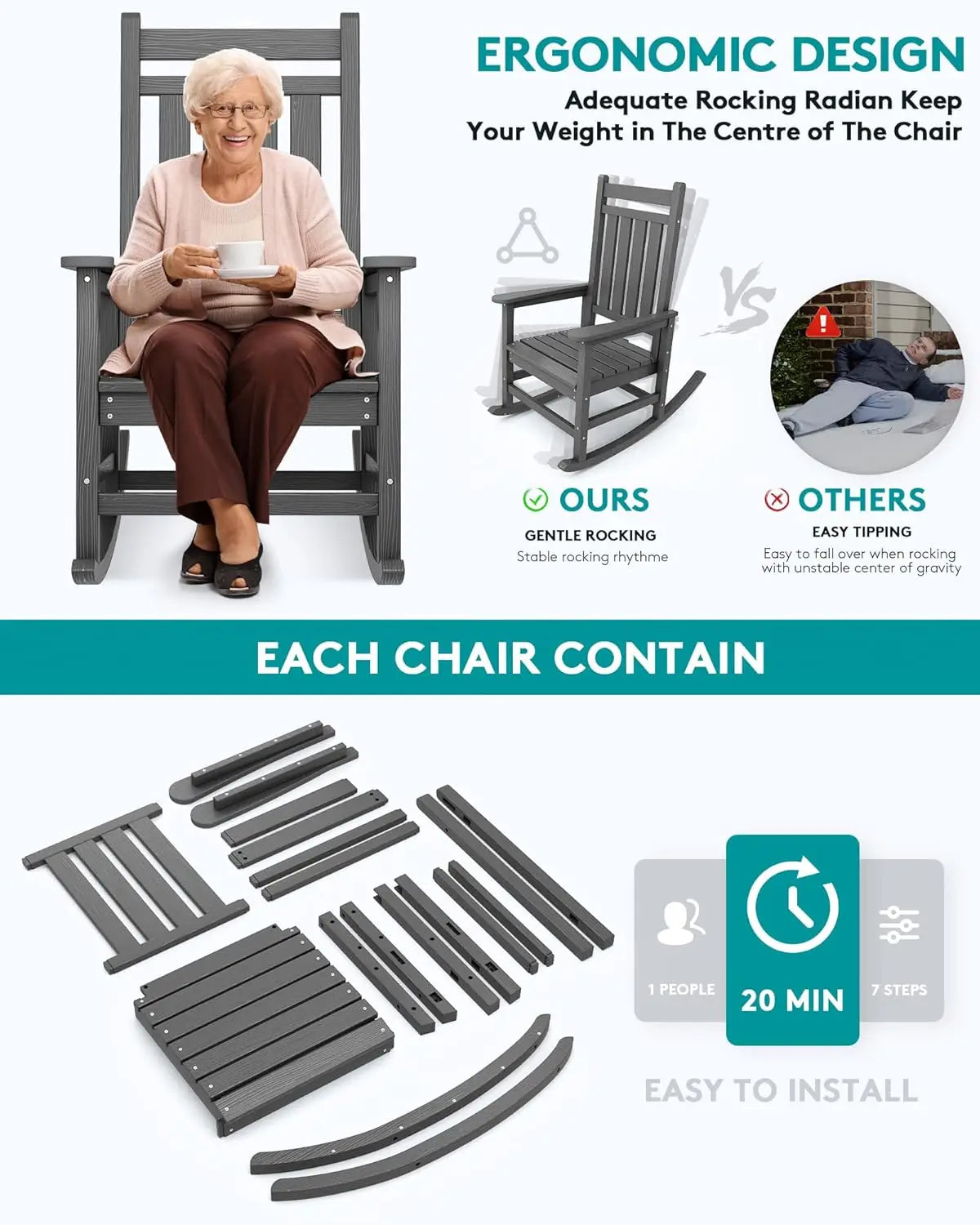 Outdoor Rocking Chair Set of 2, HDPE Rocking Chairs for Adult