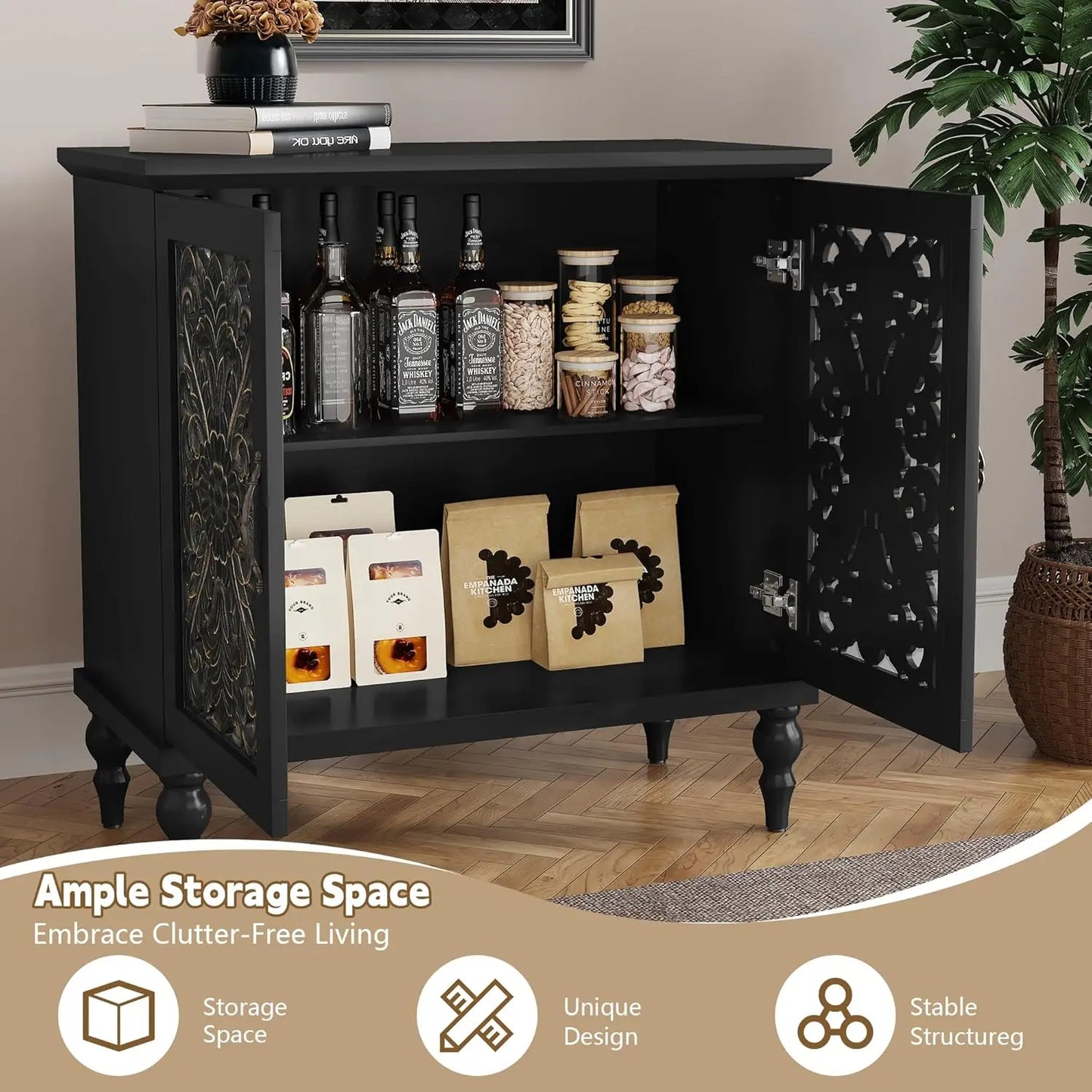 Accent Cabinet with 2 Doors, Vintage Carved Wood Storage Cabinet