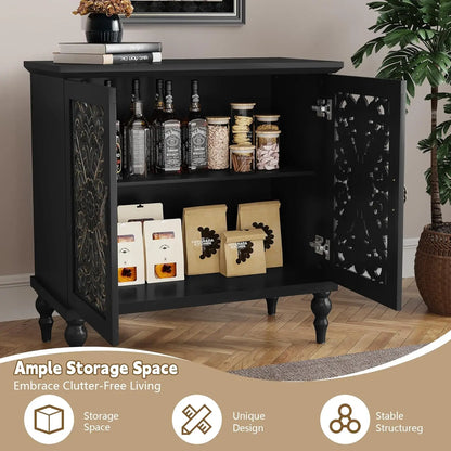 Accent Cabinet with 2 Doors, Vintage Carved Wood Storage Cabinet