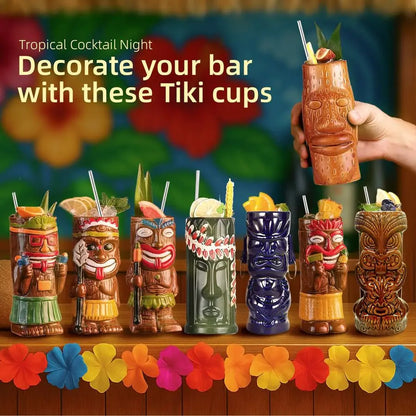 Tiki Mugs Set Of 8 Exotic Frosted Mug With 8 pack Straws