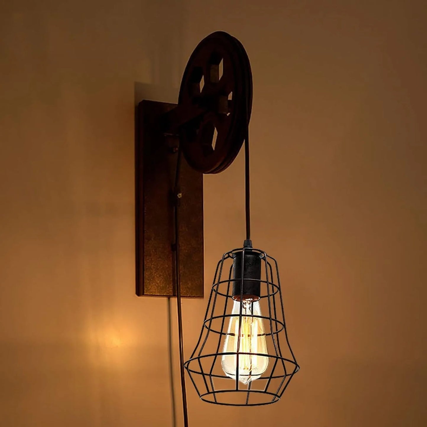 Industrial Wall Sconce Lights Lift Pulley Vintage Farmhouse Mid Century Wall Light with Iron Cage Lampshade for Indoor Lighting