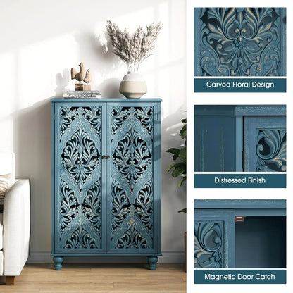 47" Tall Accent Cabinet with Navy Blue Mandala Carved Doors