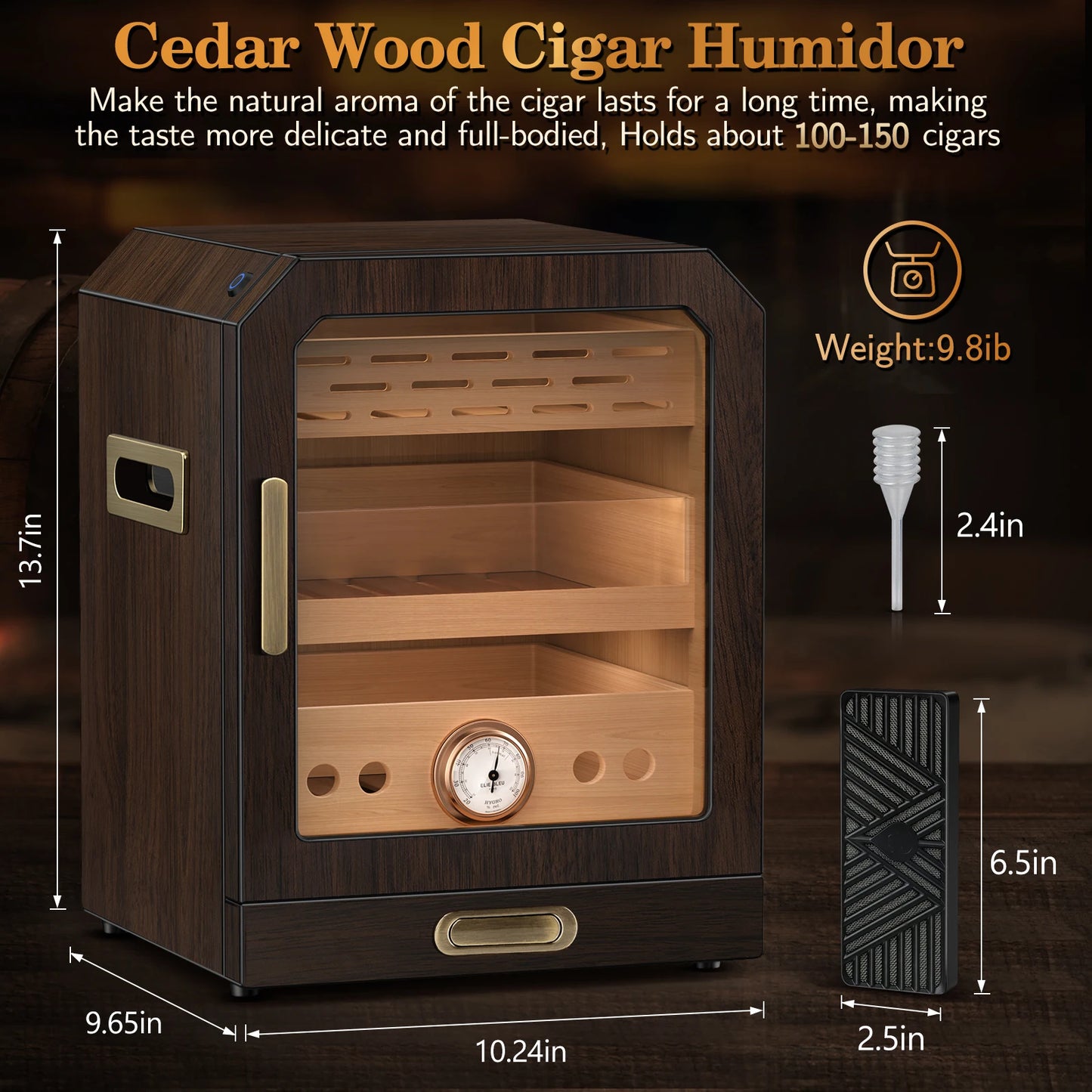 Cigar Humidor Lighted Control Magnetic Door Desktop Cigar Cabinet, Accessory Drawer and 2 humidifiers