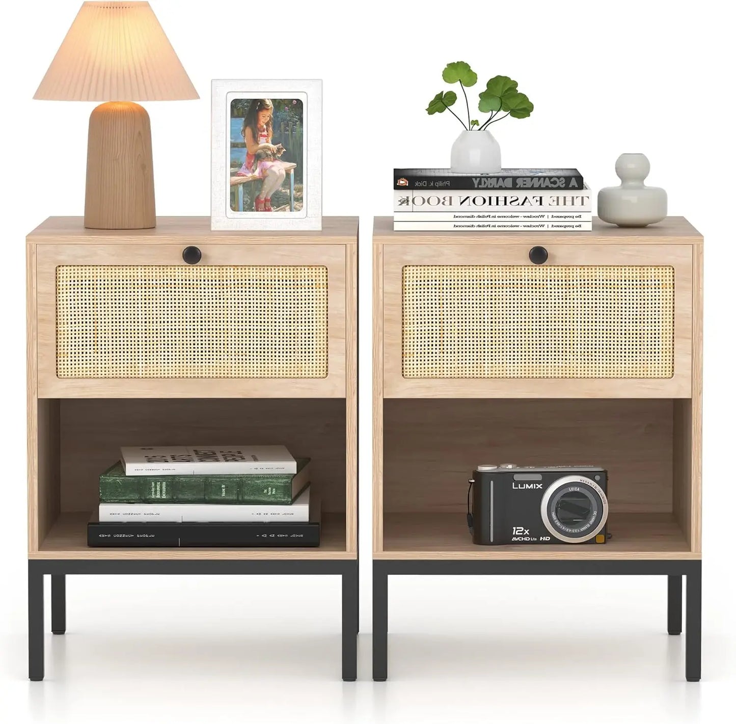 Natural Rattan Nightstand Set of 2, Boho Night Stand with Drawers