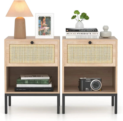 Natural Rattan Nightstand Set of 2, Boho Night Stand with Drawers