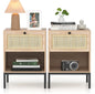 Natural Rattan Nightstand Set of 2, Boho Night Stand with Drawers