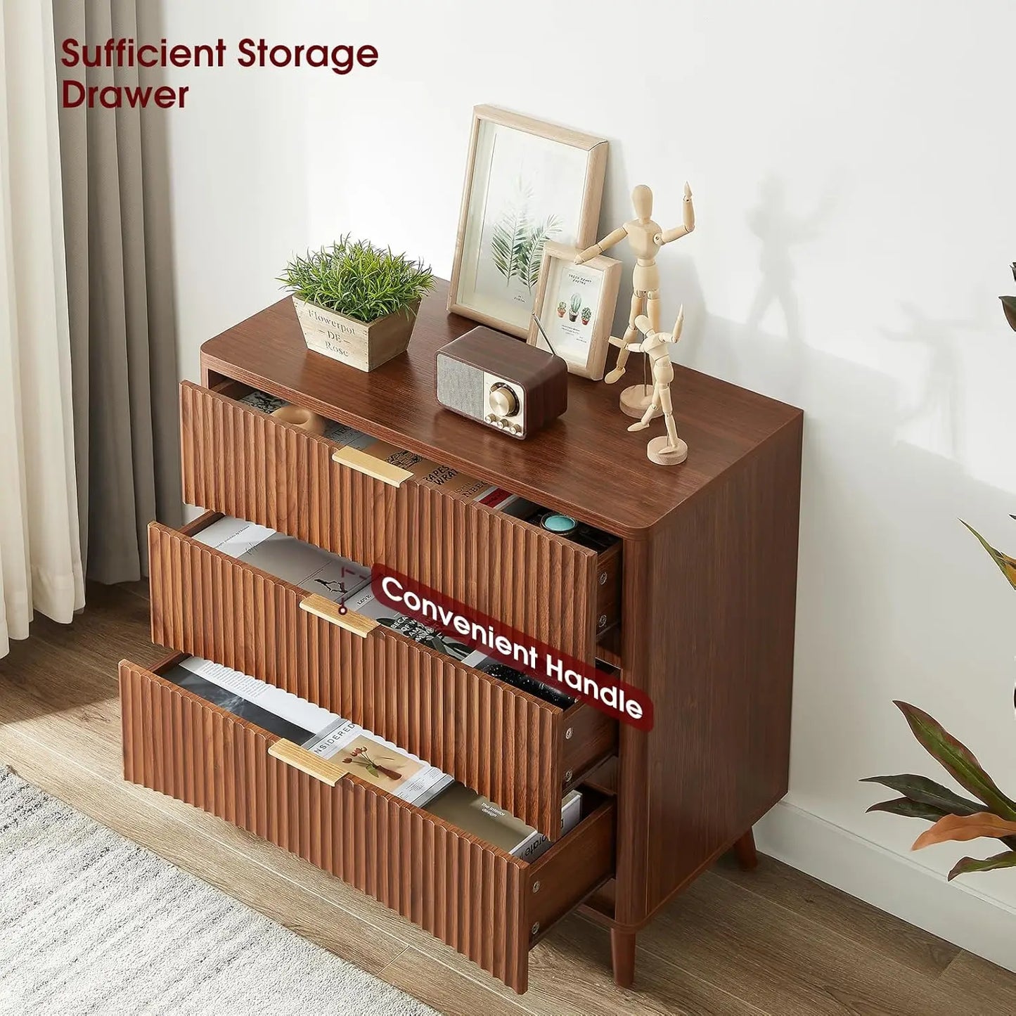 Oversized Nightstands Set of 2 31.5\" Walnut Fluted Tall Large 3 Drawer