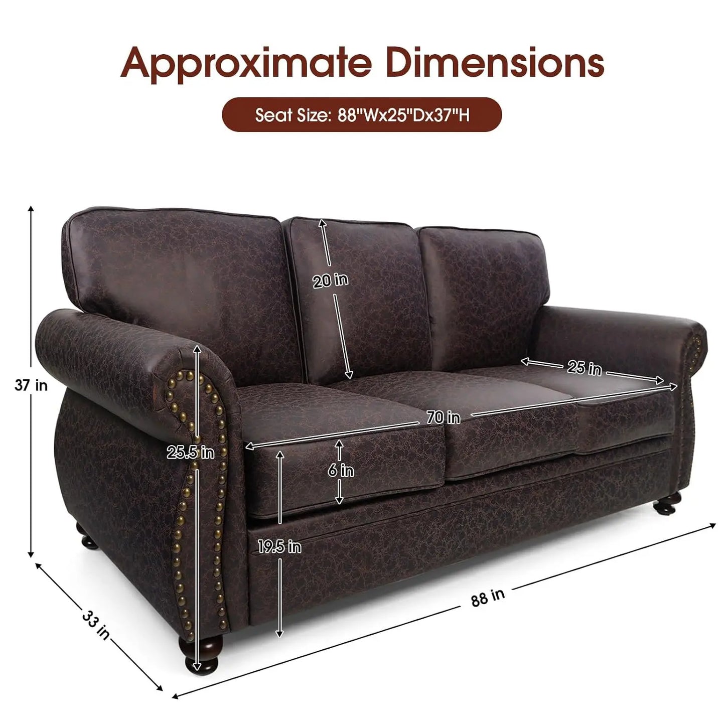 Mid-Century Vintage 3-Seater Sofa Couch Rivet Design Upholstered Cushions with Removable Cover Customized Living Room Furniture