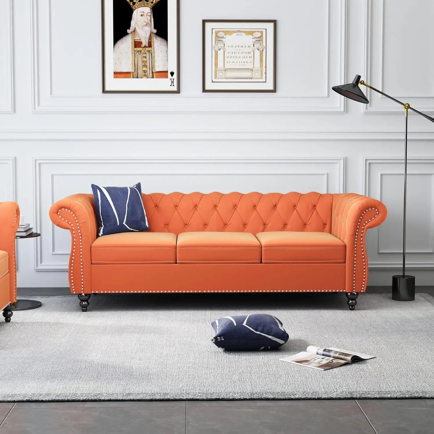 Roll Arm Classic Tufted Chesterfield Settee Velvet Sofa with Channel