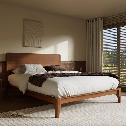 Queen Size Bamboo Platform Bed, Mid-Century Modern Bed Frame with Tall Headboard