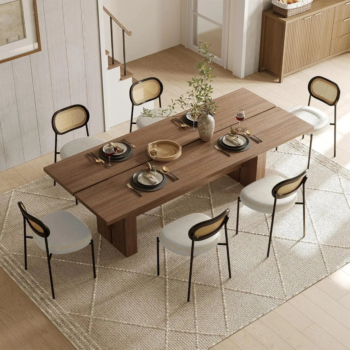 Rattan Dining Chairs Set of 6, PU Leather Upholstered Dining Chairs with Rattan Cane Back, Mid Century Modern