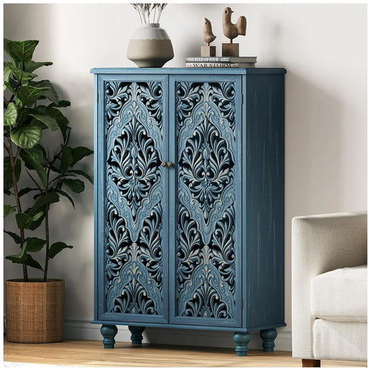 47" Tall Accent Cabinet with Navy Blue Mandala Carved Doors