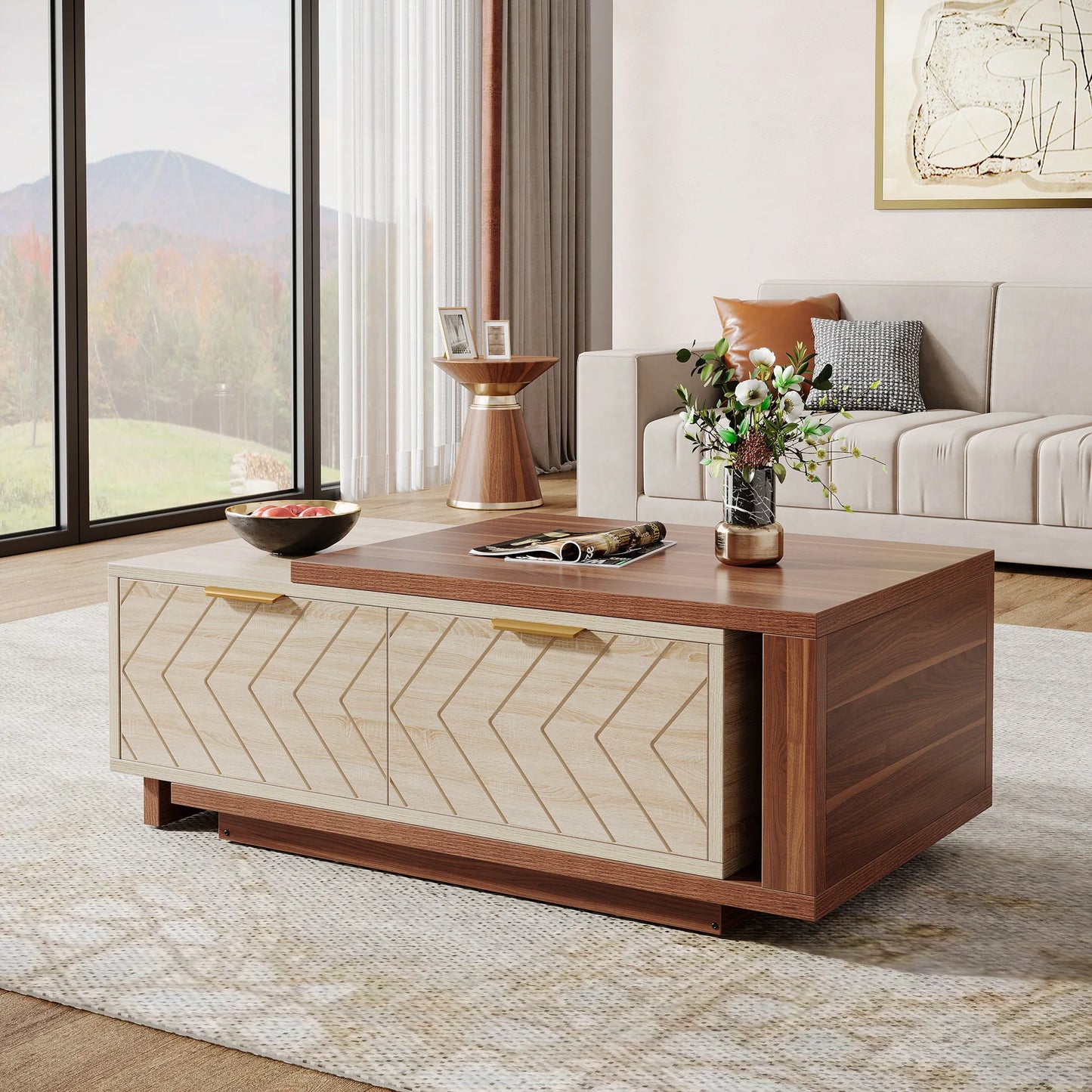 Extendable Coffee Table, 42"-65" Length Adjustable Reversible Wood Coffee Table with 2 Storage Drawers