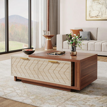 Extendable Coffee Table, 42"-65" Length Adjustable Reversible Wood Coffee Table with 2 Storage Drawers