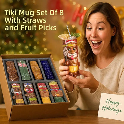 Tiki Mugs Set Of 8 Exotic Frosted Mug With 8 pack Straws