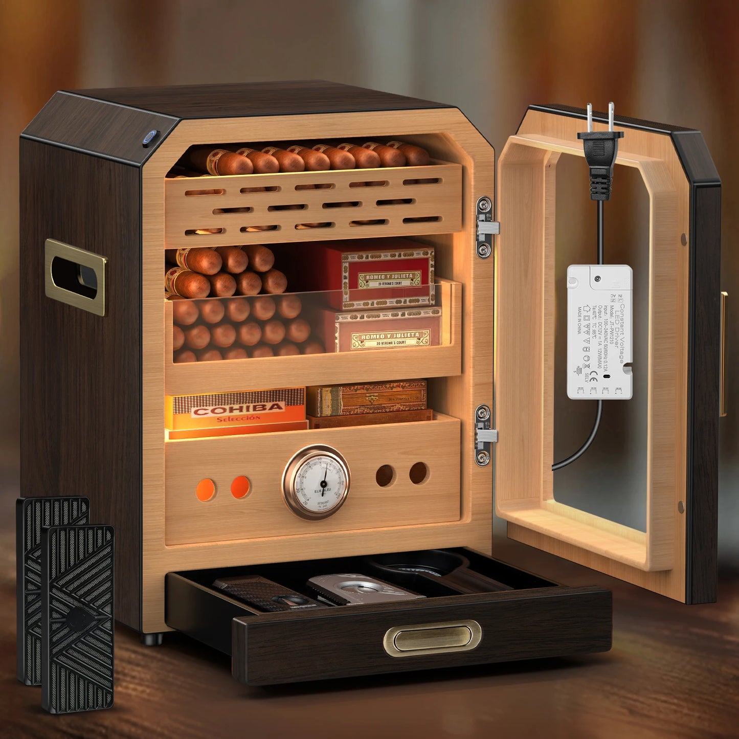 Cigar Humidor Lighted Control Magnetic Door Desktop Cigar Cabinet, Accessory Drawer and 2 humidifiers