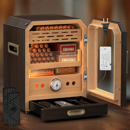 Cigar Humidor Lighted Control Magnetic Door Desktop Cigar Cabinet, Accessory Drawer and 2 humidifiers