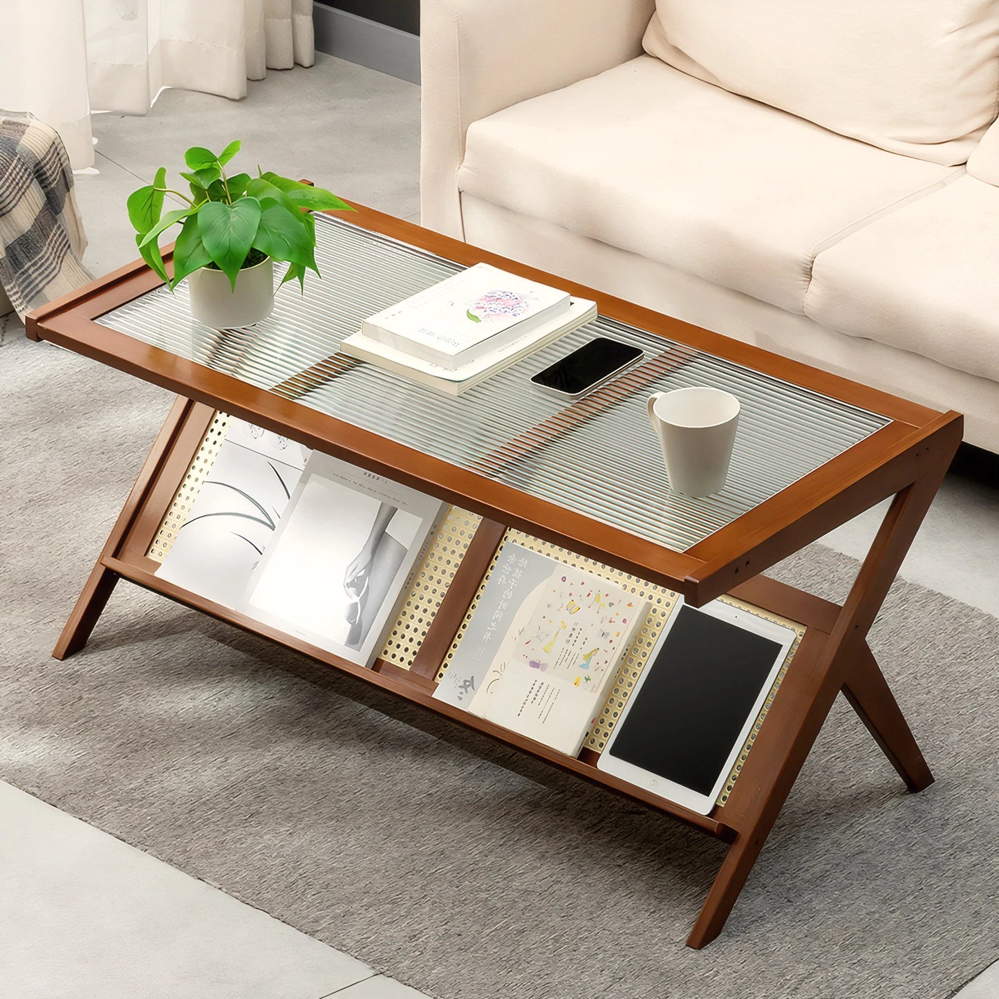 Rattan Coffee Tables for Living Room, Mid Century Modern Coffee Table with Glass Top, Large Boho Center Table with Storage