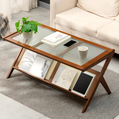 Rattan Coffee Tables for Living Room, Mid Century Modern Coffee Table with Glass Top, Large Boho Center Table with Storage
