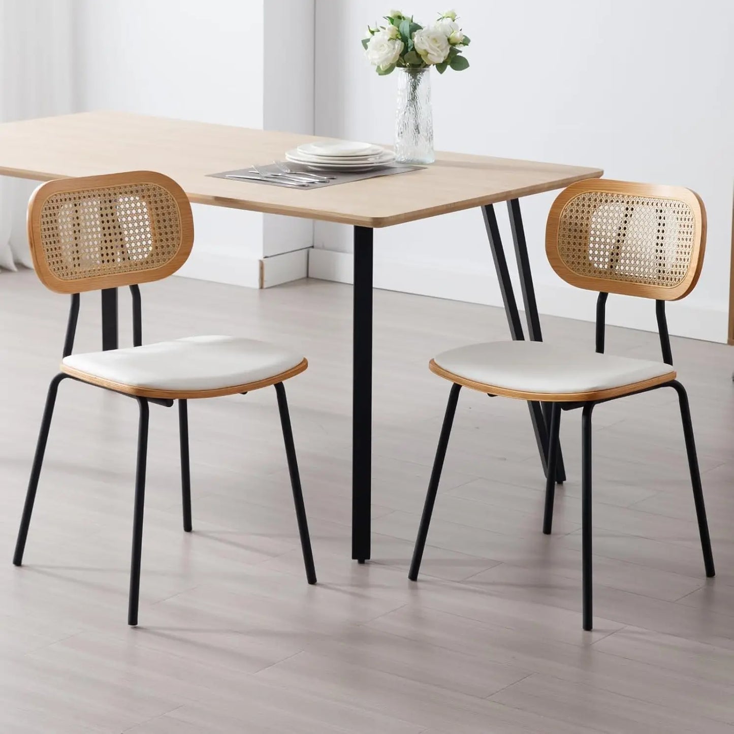 Mid-Century Dining Chairs Set of 2, PU Leather with Rattan Backrest