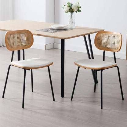 Mid-Century Dining Chairs Set of 2, PU Leather with Rattan Backrest