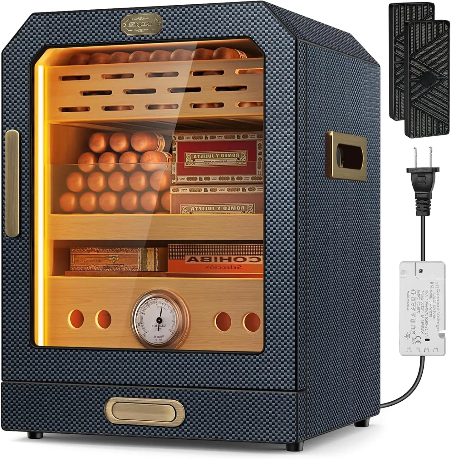 Cigar Humidor Lighted Control Magnetic Door Desktop Cigar Cabinet, Accessory Drawer and 2 humidifiers