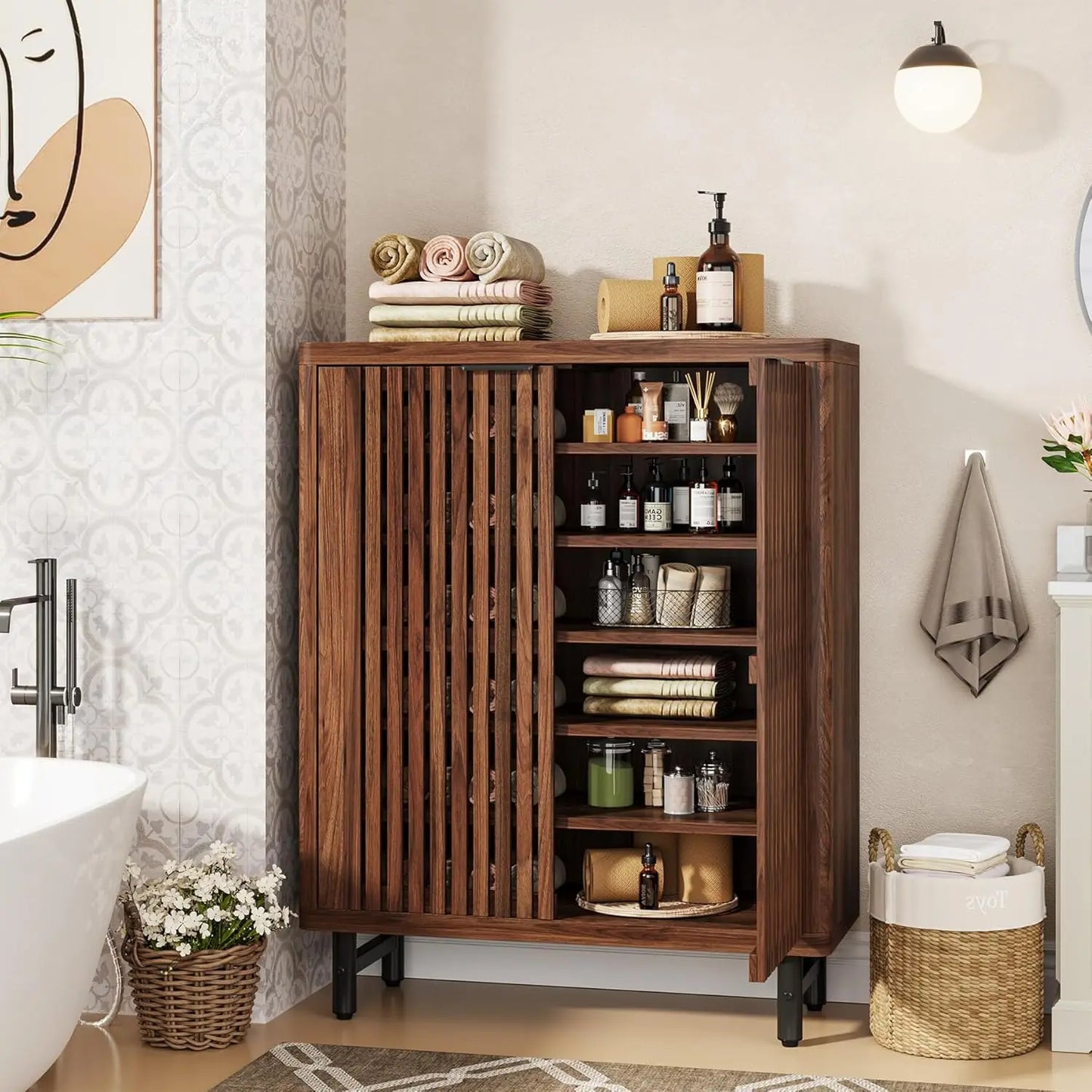 6-Tier Bathroom Floor Cabinet with 2 Shutter Doors
