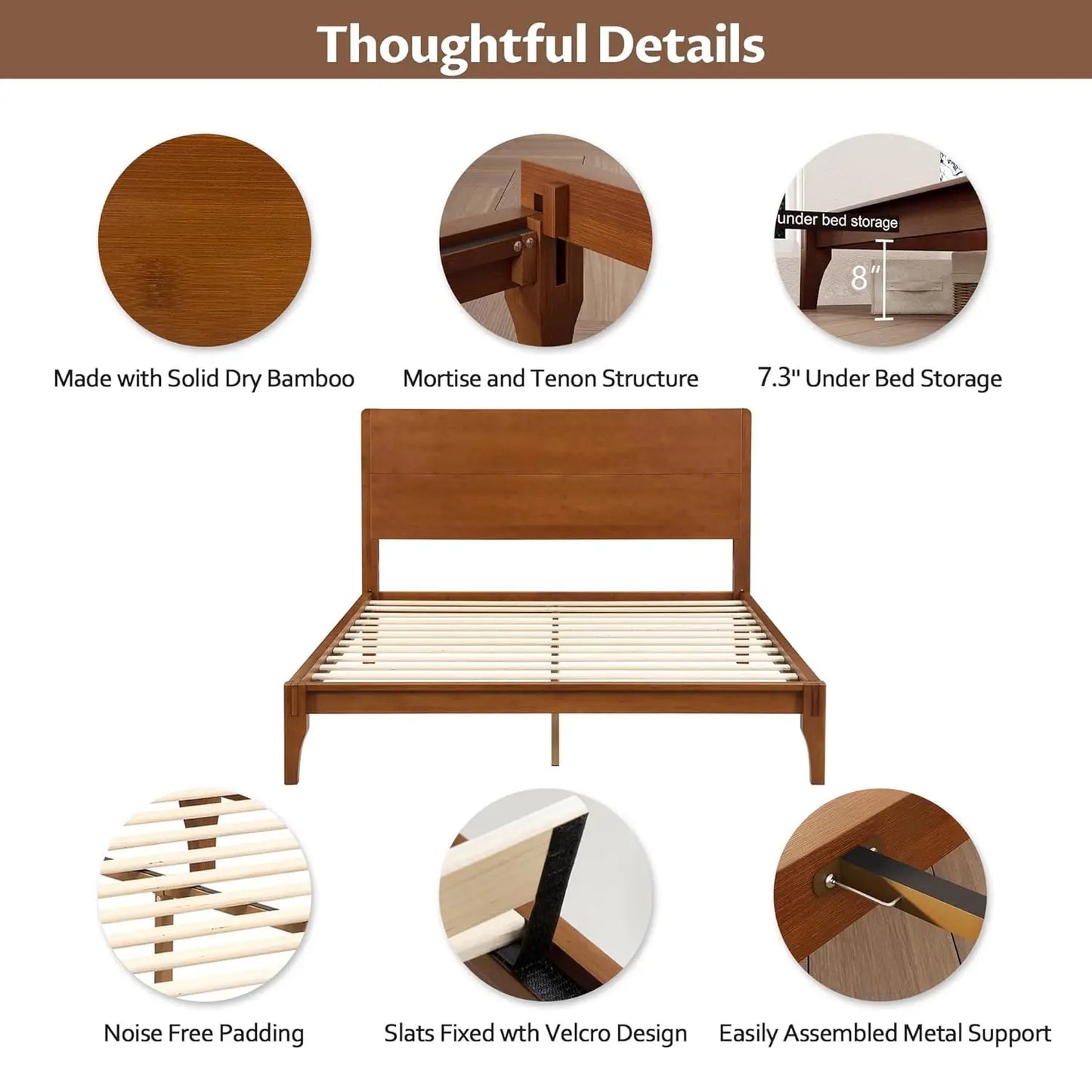 Queen Size Bamboo Platform Bed, Mid-Century Modern Bed Frame with Tall Headboard