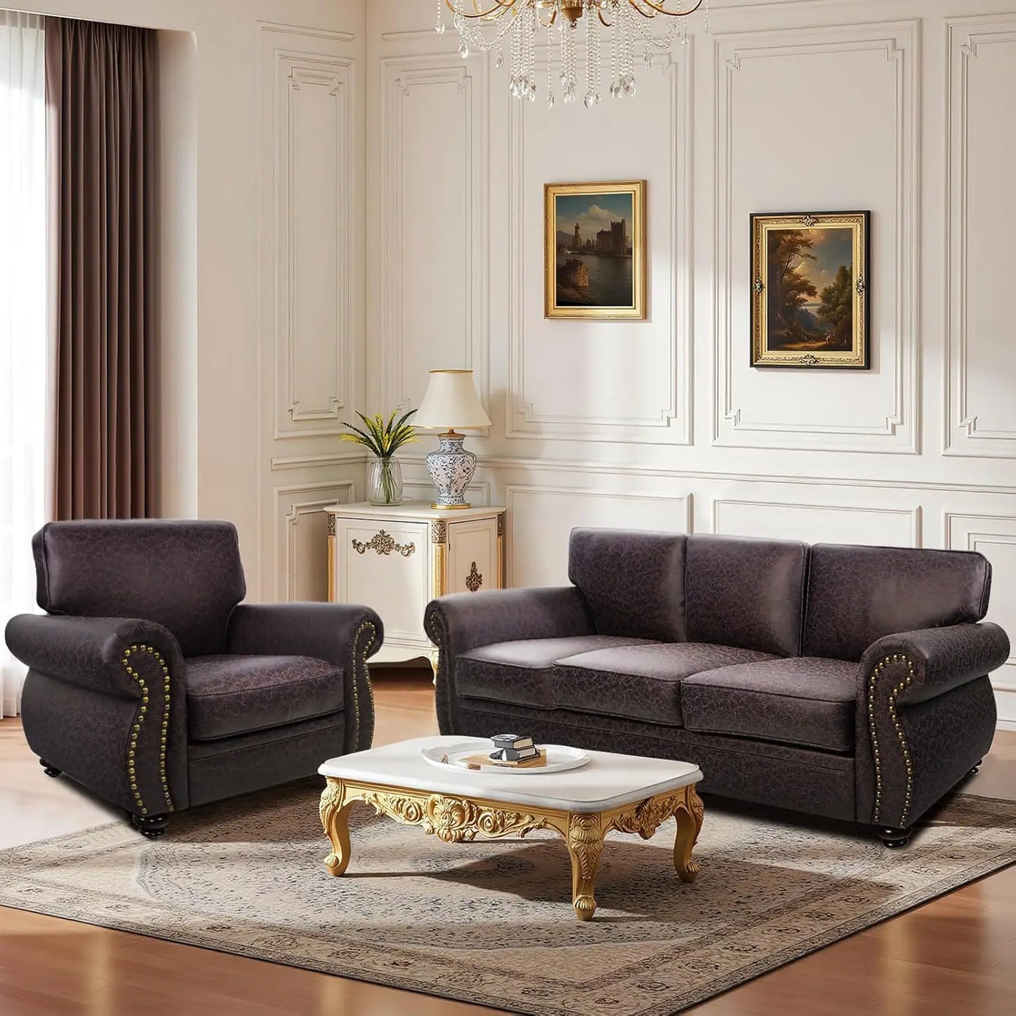 Mid-Century Vintage 3-Seater Sofa Couch Rivet Design Upholstered Cushions with Removable Cover Customized Living Room Furniture