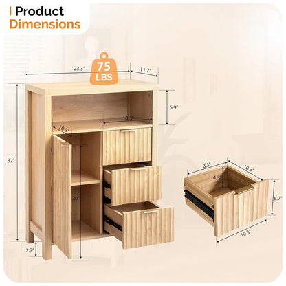 Storage Cabinet with Fluted Door and 3 Drawers