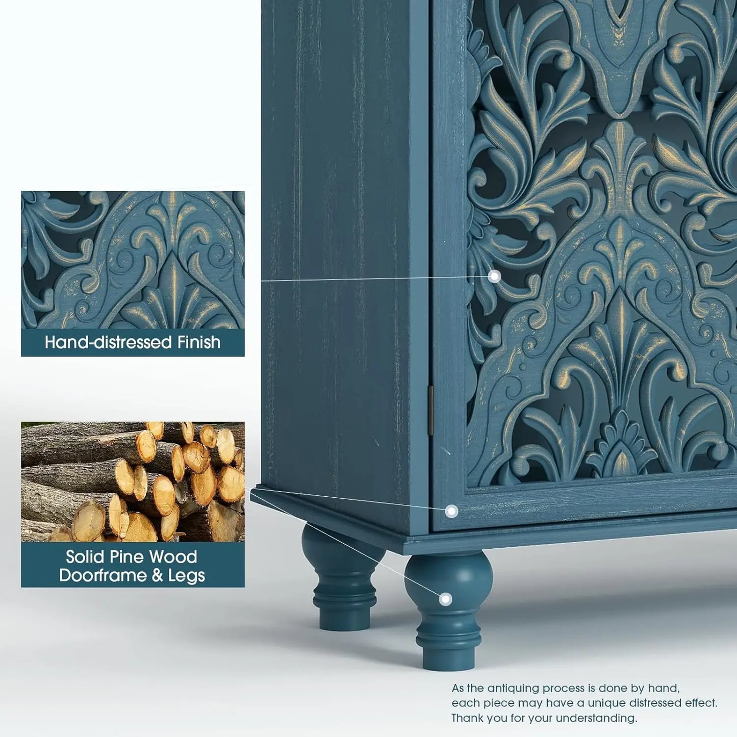 47" Tall Accent Cabinet with Navy Blue Mandala Carved Doors
