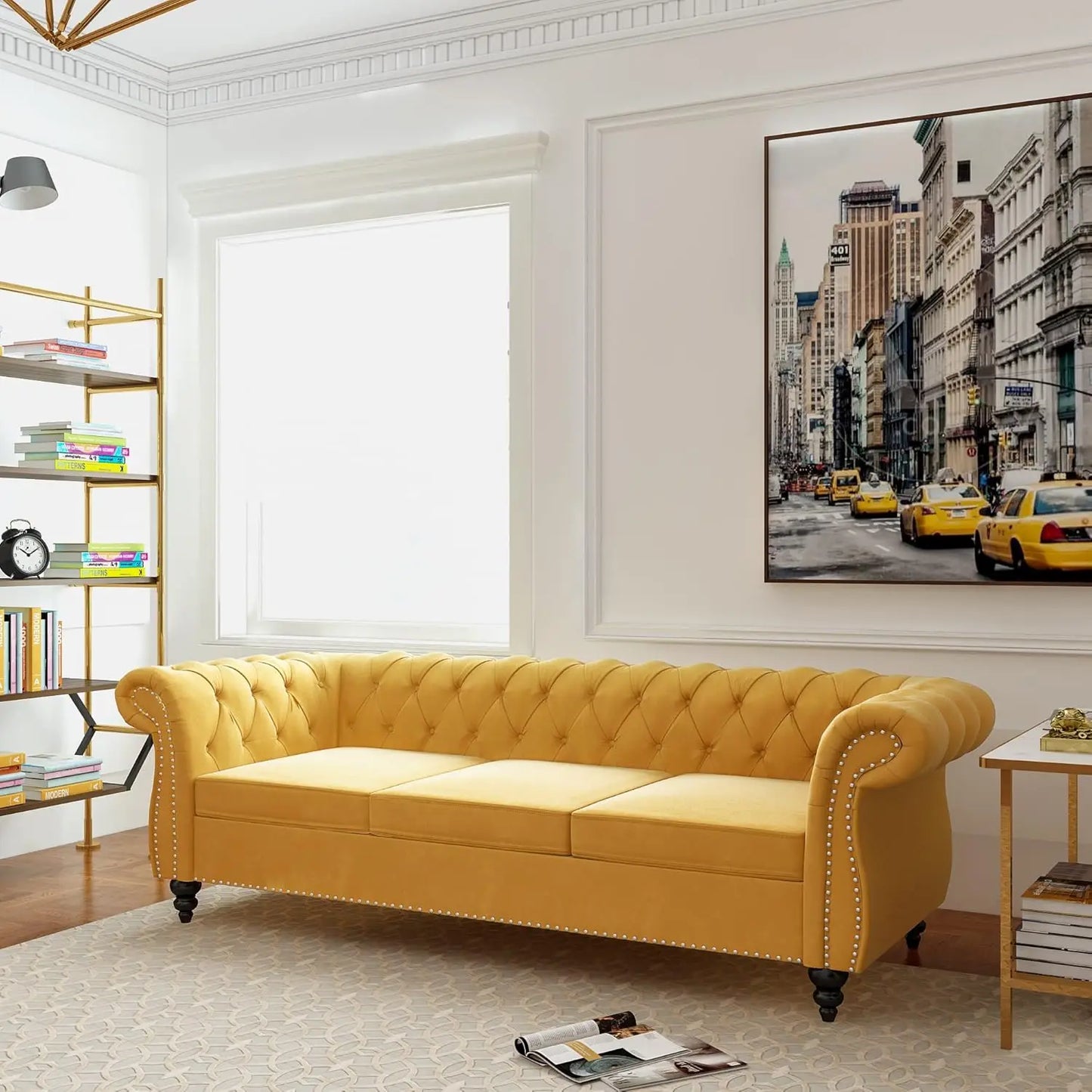 Roll Arm Classic Tufted Chesterfield Settee Velvet Sofa with Channel