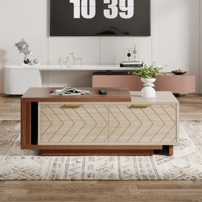 Extendable Coffee Table, 42"-65" Length Adjustable Reversible Wood Coffee Table with 2 Storage Drawers