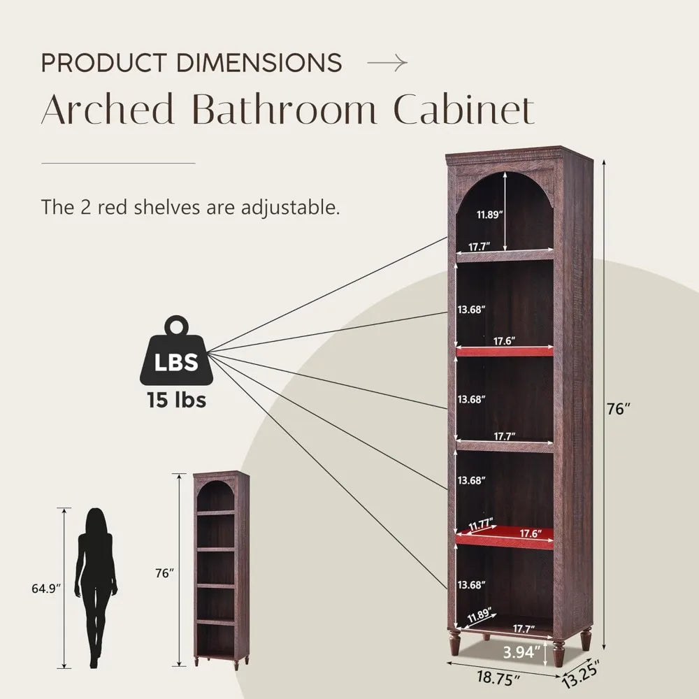 76" Tall  5 Tiers Narrow Farmhouse Arched Cabinet w/Adjustable Shelves