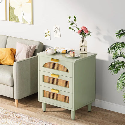 Mint Green Nightstand, 3-Drawer Rattan